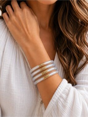 Plunder Silver Shimmer Bangle Bracelet Set of 4 | Stackable Metallic Bracelets